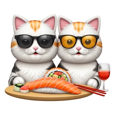 two playful cats with sunglasses, sharing sushi, emoji style sticker