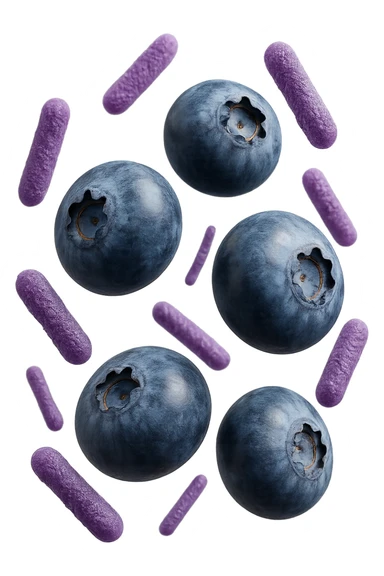 mirtilli fluttuano in aria insieme a 6 batteri intestinali viola, iperrealistico 4k sticker