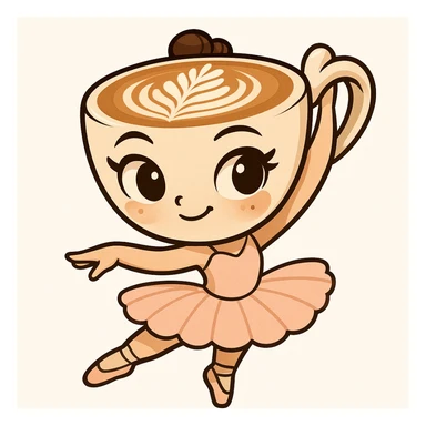 Create a cartoon emoji-style character of a ballerina with a cappuccino cup for a head, expressive eyes, and a tutu. Capture the whimsical, cute, and lively vibe, with a similar pose and lighting as the reference image. sticker