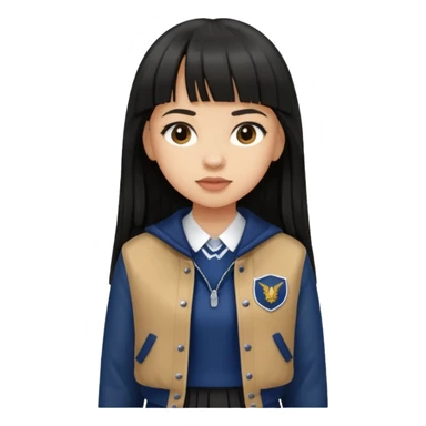 hair : black long hair with fringe 
skin : light 
cloth : brown varsity jacket + navy long long school girl skirt 


 sticker