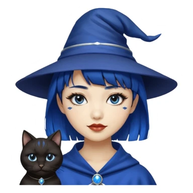 an asian short haired girl with electric blue highlighted short raven hair with bangs, with her silver left eye and dark brown right eye, with black cat eyed style eyeliner, and smirk of natural toned lipstick, with wizard hat with moon emblem on his hat. sticker