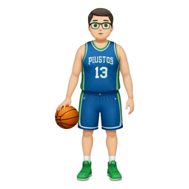 Full Body plus size white male with dark short hair basketball player wearing glasses wearing blue green uniform sticker
