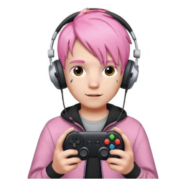 pink haired boy with headphones holding all black game controller sticker