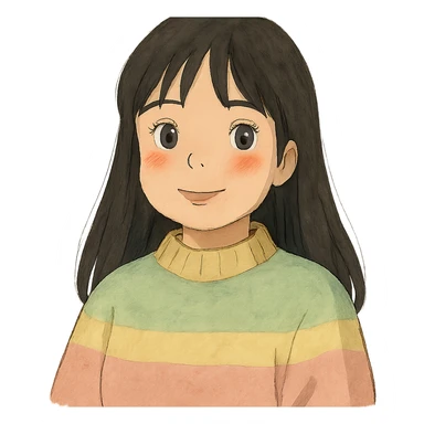light skinned girl with round, slightly upturned brown eyes with long lashes, medium sized full blush colored lips, slightly chubby cheeks, long straight black hair, wearing a cozy pastel sweater sticker