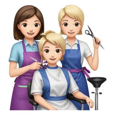woman getting a haircut from a female hairstylist, both smiling, client sitting in chair with apron, hairstylist standing behind holding scissors sticker