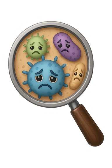 EMOJI STILE IPHONE DI una lente di ingrandimento che inquadra un cumulo di batteri intestinali tristi, IPERREALISTICO 4K sticker