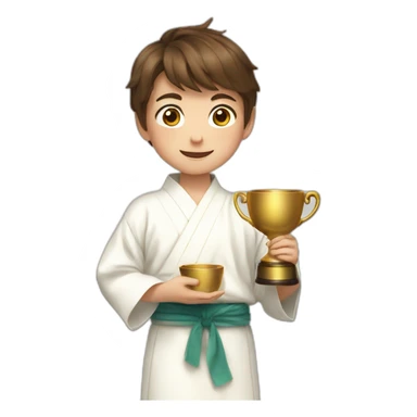 a 12-year-old boy with brown hair with a prize cup in his hand in a white kimono sticker