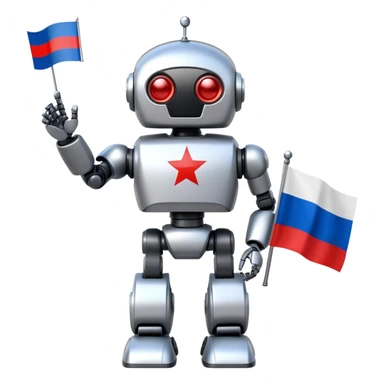 Futuristic robot holding a Russian flag sticker