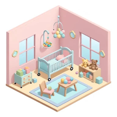 isometric baby room, Nursery with pastel walls and hanging mobile sticker