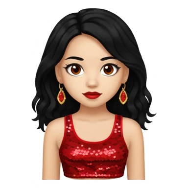 Jade from Bratz with long black hair, light skin, brown eyes, red sequin crop top sticker