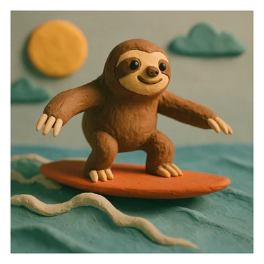 a sloth surfing, claymation style sticker