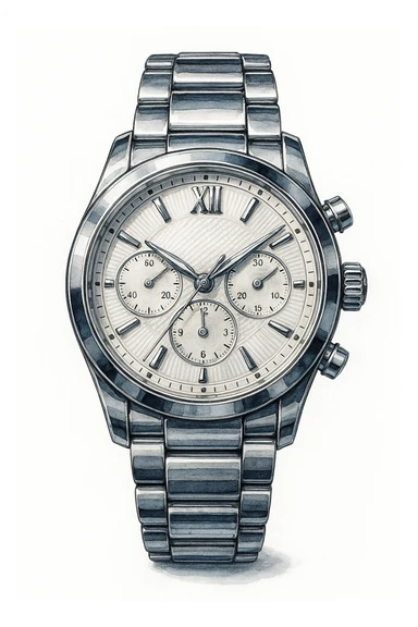 Сгенерируй мне часы металические, дорогие, в чуть рисованном стиле. На чисто белом фоне. БЕЗ НАДПИСЕЙ. Но при этом объмная и яркая sticker