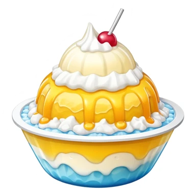 white shaved ice dessert topped with yellow syrup sticker