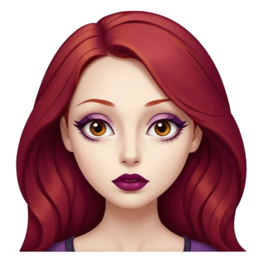 A young woman with long, deep red hair and smooth porcelain skin. She has large, expressive eyes accentuated by winged eyeliner and warm-toned eyeshadow. Her full lips are painted with deep plum lipstick. realistic style, high detail. sticker