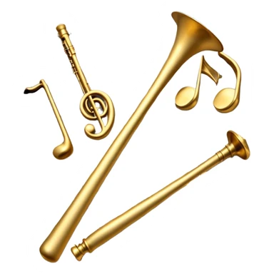 Create an elegant and artistic emoji that represents music arrangement and orchestration. The design should feature a conductor's baton, musical scores, and various orchestral instruments (drums, violin, trumpet, electric guitar, synthesizer). Incorporate flowing lines to represent harmony and orchestral balance, along with a subtle representation of sheet music. Use rich, classical colors like gold, silver, or deep blue, and create an atmosphere of sophistication and precision. The background should be transparent. sticker