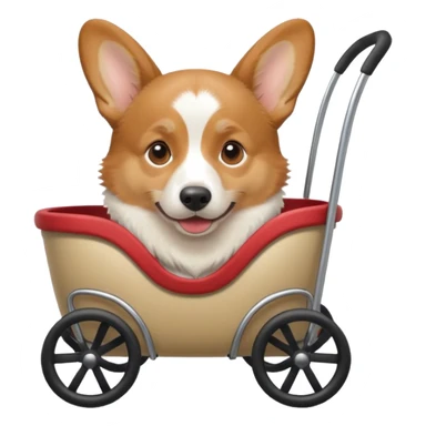 real-looking male corgi in a dog stroller, apple emoji style sticker
