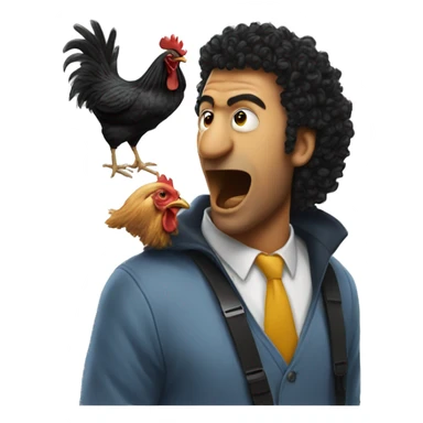 A chicken attacking a man with black curly hair sticker