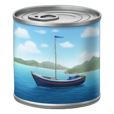 Realistic small can of tuna showing a blue sailling boat on a sea background sticker
