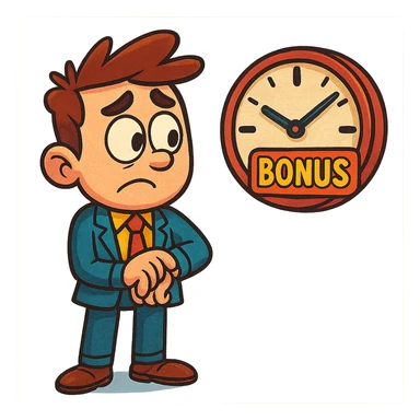 a cartoon character looking at a clock, waiting for a bonus slot, vibrant colors sticker