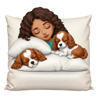 Curly dark hair medium length mixed girl sleeping on pillow with white and tan cavalier dog sticker