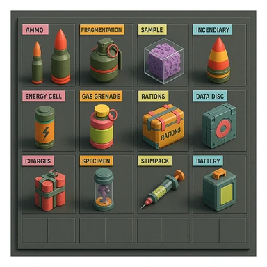 a virtual display, a gray grid with darker gray cells, each cell containing an item viewed in isometric minimalism render The cells have pastel neon colored labels in their upper corner, indicating various traits of the items. retrofuturism, circa 2880's.
The items are scientific and military in nature - varieties of munitions, scientific samples, rations, data storage, utilities. There are two arrays of grids, one left, one right. Each array has a few empty spaces at the bottom. "CAD RENDERED PHOTOREALISM" brutalism. the items are adorned in a combination of  bright colors, neon-safety, early 90's pallet, with muted gray tones in EVEN BALANCE. sticker