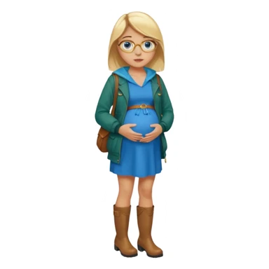 18 year-old pregnant between blonde and brown haired girl with golden glasses with blue eyes in a long bright blue dress and a dark green jacket over the dress and brown boots standing sassily sticker