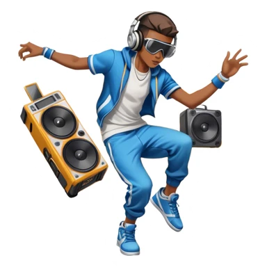 Icon for Street Dance: a dancer in urban streetwear performing a dynamic lower breakdance move, with a spray-painted background, headphones, and a boombox on the asphalt. The icon should capture the energy, style, and creativity of street dance culture. Transparent background. sticker