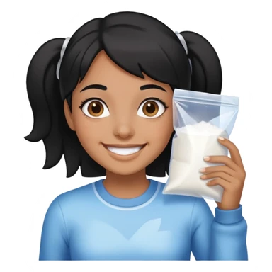 Black hair Girl smiling holding a clear ziploc bag with white powder sticker