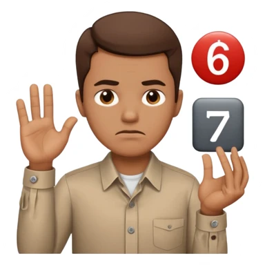 man frowning holding up numbers 6 and 7 sticker