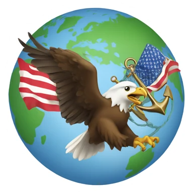 Eagle over the globe holding a flag with an anchor behind the world  sticker