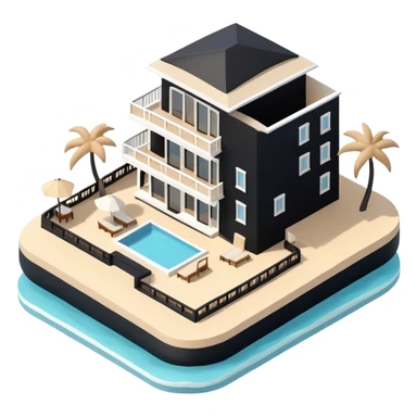 Isometric exterior little black, beige, and white modern beach resort, dollhouse style 3D realistic  sticker