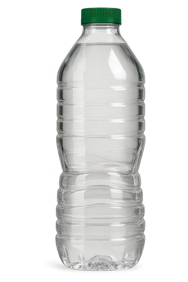 a clear plastic water bottle with a green cap, no label, in the style of Poland Spring, transparent, simple design sticker