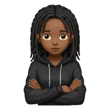 African American dark skin girl with shoulder length black dreadlocks wearing a plain black hoodie with arms folded sticker