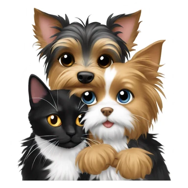 Yorkie hugging a black and white cat  sticker