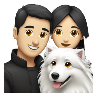 a man with black hair and a woman with black long hair hugging two white japanese spitz dogs sticker