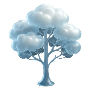 one tree with many branches and a white trunk, crown made of small very bright white fluffy convex clouds, matte glass style sticker