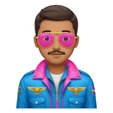 1980s cool man with stubble wearing reflective neon pink and blue aviator sunglasses and a pilot topgun jacket sticker