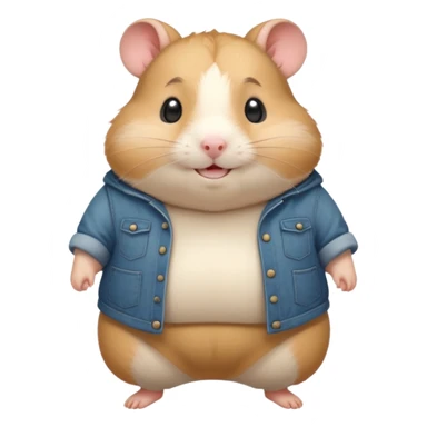 Cute chubby cartoon-style hamster wearing oversized pants that look too big, proud and smiling expression. Painterly shading, white background, sticker-style illustration sticker