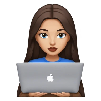 Glamours tanned very beautiful girl with big pump lips and dark chocolate straight smooth long hair, blue-grey eyes in brown clothing with MacBook sticker