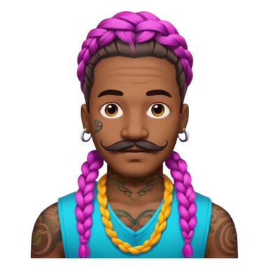 big lose braids starting from the top of the head man with mustache face wiith big visible braids and lots and lots of face tattoos colored tattoos like a tattoo artist hair unique color sticker