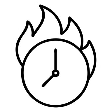 minimal outlined icon of a round clock with vivid flames sticker