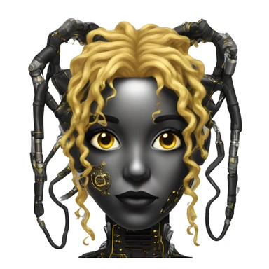 black metal female cyborg head with circuitry and yellow gold curly hair sticker