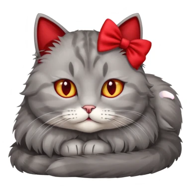 A fluffy grey cat is lying down with a red bow on its neck. sticker