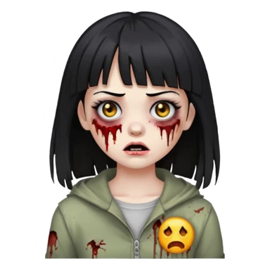 make a zombie girl emoji, with black hair and bangs above the eyebrow sticker