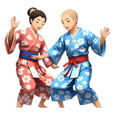 Cinematic Realistic scene of two performers engaging in Bon Odori, dressed in traditional yukata with intricate summer patterns, captured in graceful, rhythmic motion with warm, festive lighting sticker