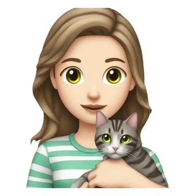 brown hair pale girl with green eyes holding grey tabby striped cat   sticker