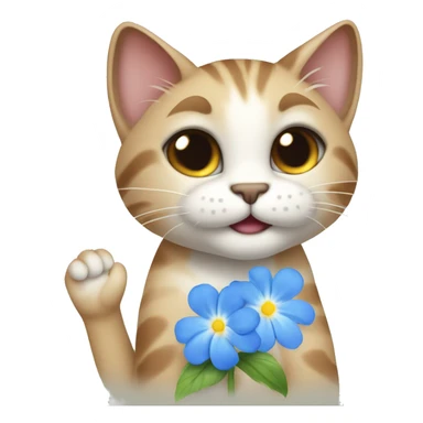 sweet cat smiling and stretching out its paw and giving a blue flower forget me not sticker