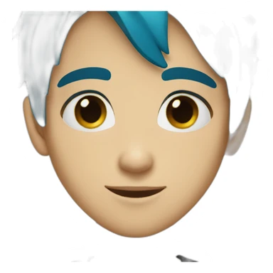 a boy with blue hair green eyes small nose and a black  shirt sticker