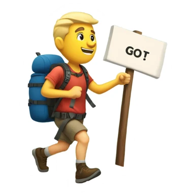White man hiking mountain with sign that says “go for it!” sticker