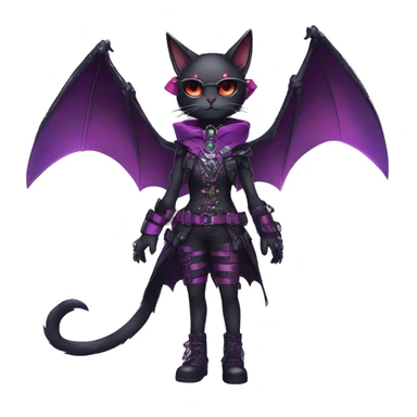 cool kawaii edgy evil techwear black purple red ethereal fantasy beautiful elegant bat-cat-Fakemon wearing legs spats a collar harness with jewelries full body sticker